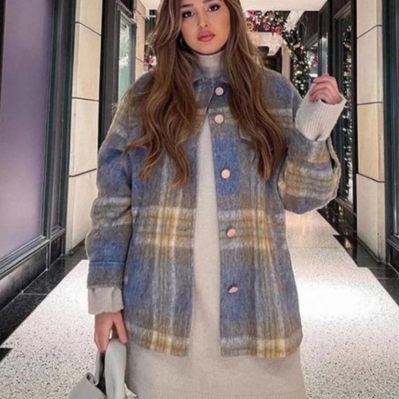 Zara | Oversized Blue & Tan Shacket Overshirt Jacket Small - Picture 3 of 16